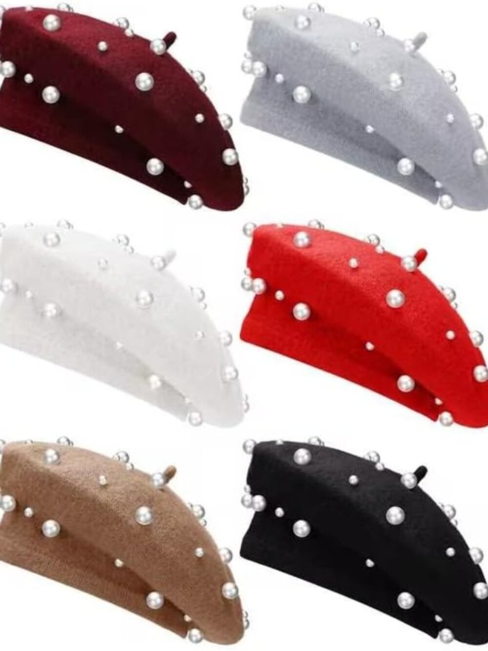 Chic 6-Pc Pearl Beaded Wool French Beret Set for Women - Stylish & Cozy Fashion